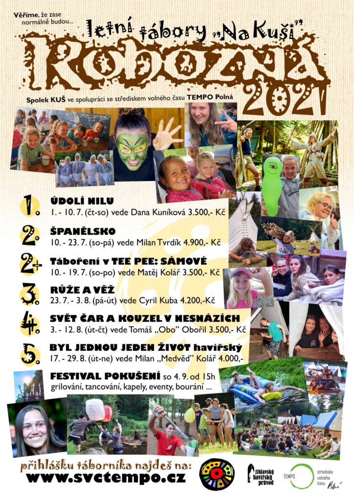 plakátek s nabídkou všech plánovaných letních táborů 2021
